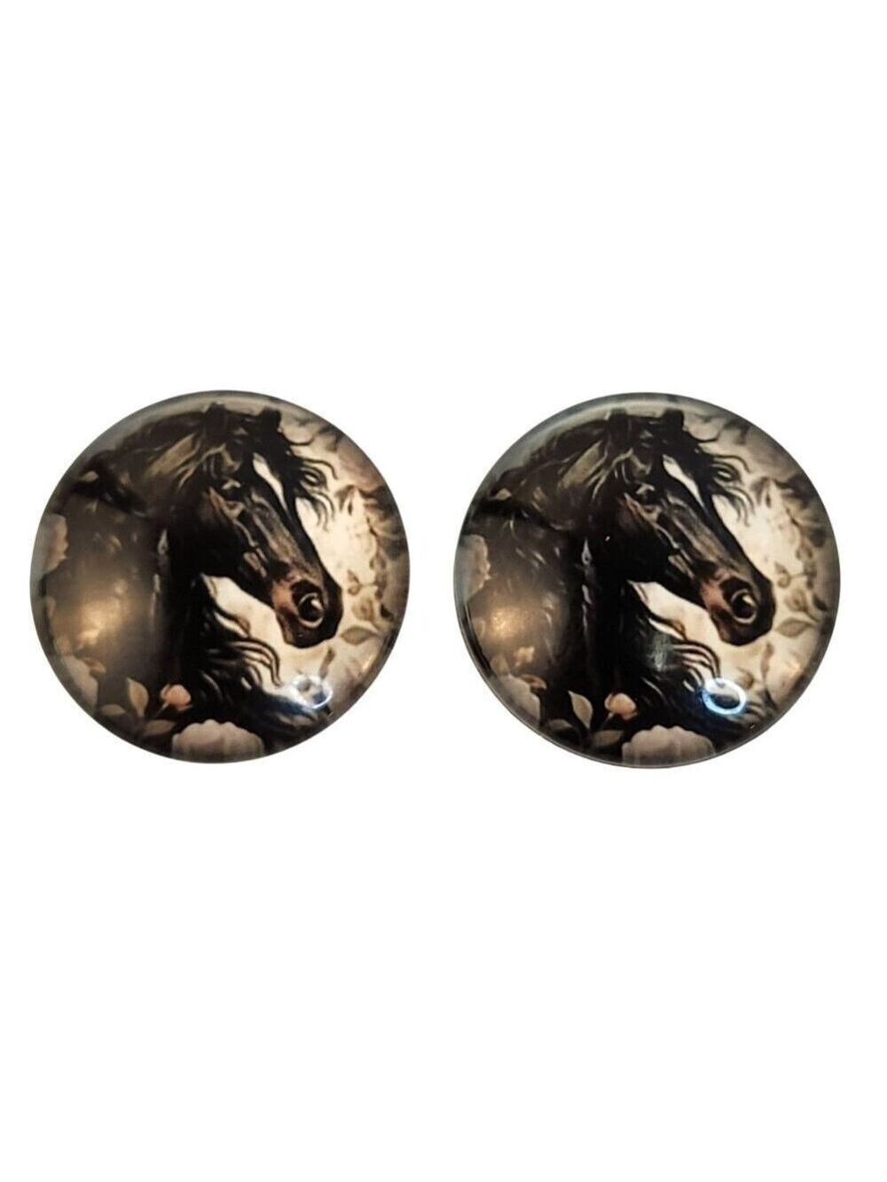 Black Horse Floral Glass Cabochons 1 Inch Round Craft Supply Set of 2